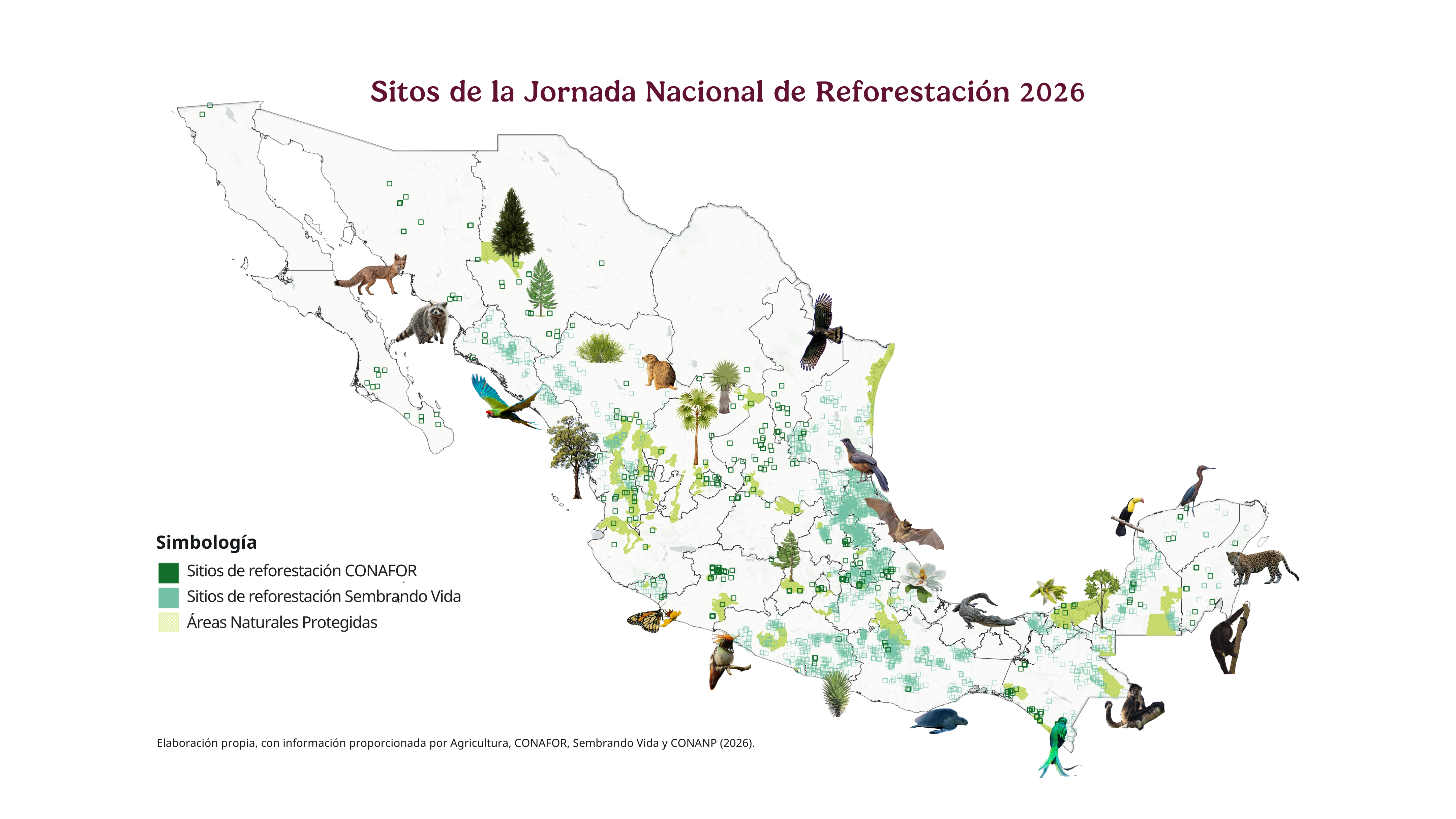 Mapa de sitios de la Jornada Nacional de Reforestación 2026